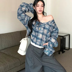 Lunivop Streetwear Contrast Color Plaid Casual Long-sleeved Shirt Women Autumn New American Off-shoulder Single-breasted Loose Tops