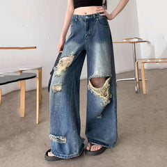 Lunivop  Summer High Waist Ripped Denim Pants Women American Retro Streetwear Y2K Wide Leg Jeans Loose-Fit Slimming Straight Pants