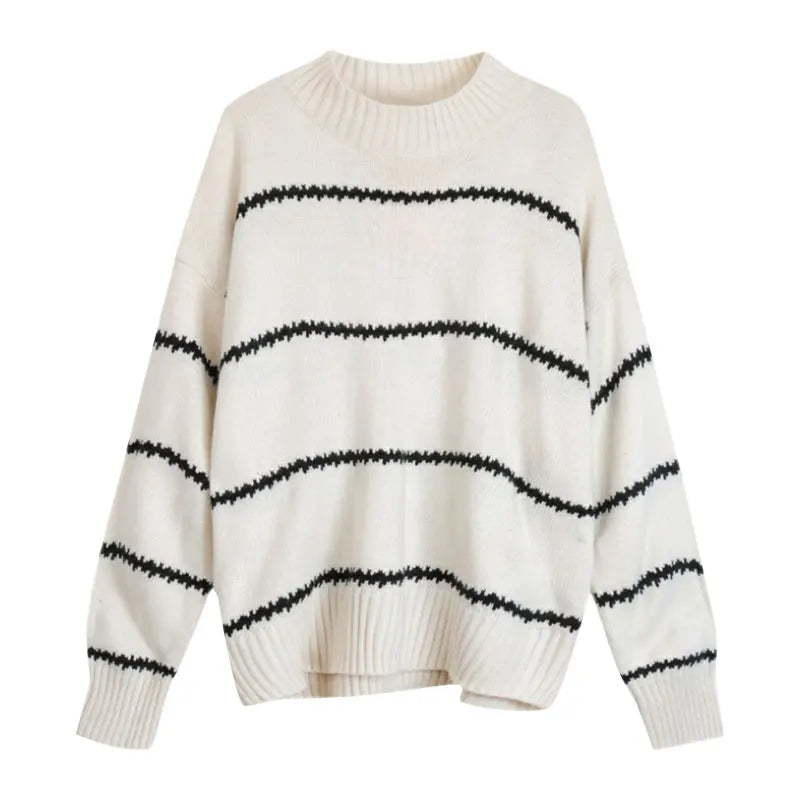 Lunivop Oversized Striped Sweater Mock Neck Pullover Women Cozy Knit Long Sleeve Jumper Fall Winter Korean Fashion Casual Daily Outfit