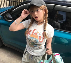 Lunivop  Sexy T Shirts Women Cartoon Printed Short Sleeve Slim Y2k Crop Tops Summer Fashion Stretch Female Tshirt Casual