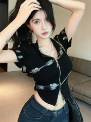 Lunivop Harajuku Y2K T Shirt Women Slim Sexy Cropped Double Zipper Vintage Tees Streetwear Vintage American Casual O Neck Lady Tops