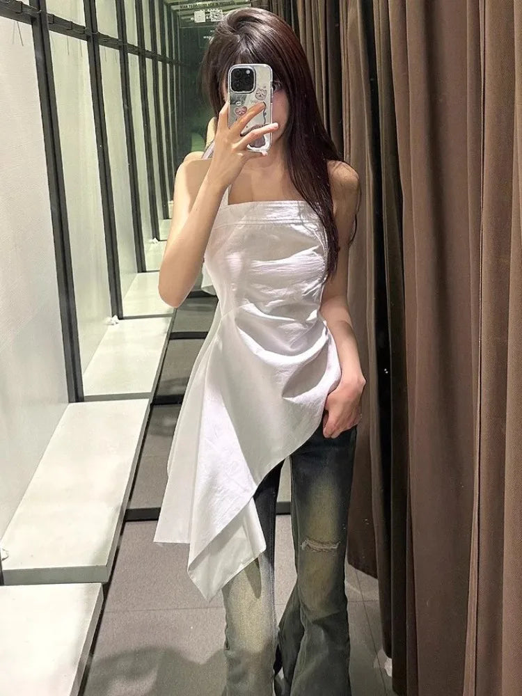 Lunivop  Elegant Fashion White Halter Camisole Vest for Women 2025 Summer New All-match Tank Top Y2k Slim Fit Ruched Tops Mujer