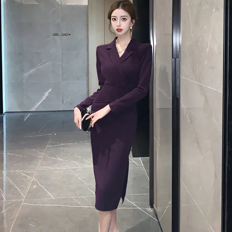 Lunivop  Black Long Sleeve Bodycon Office Lady Dress Autumn Winter Solid Patchowrk Fake Two Piece Dress Korean Elegant Women's Dress