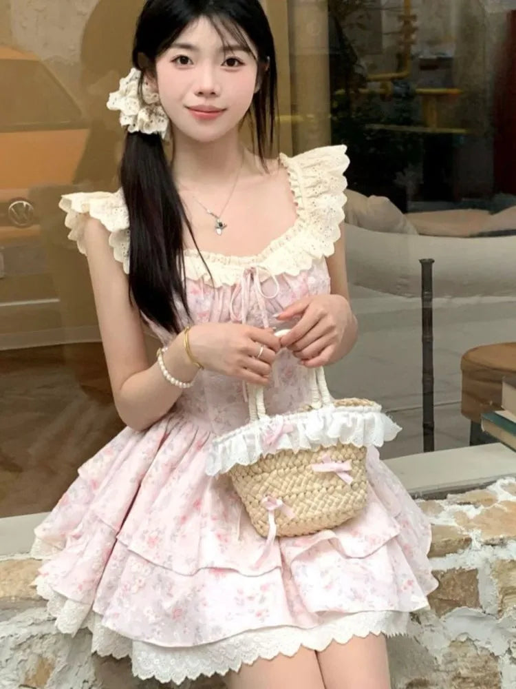 Lunivop Sweet Floral Printed Waist Slimming Square Neck Short Dresses for Women Summer New Spicy Girl Sleeveless A-line Bodycon Dress