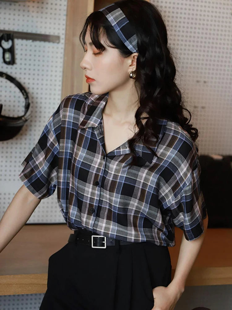 Lunivop  Loose Retro Plaid Shirt Women Short Sleeve Casual Vintage Blouse Summer All Match Japan Preppy Style Single Breasted Tops