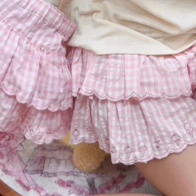 Lunivop Japanese Style Kawaii Mini Skirt Women Sweet Harajuku Lolita Plaid Skirts Pink Y2k Cutecore Summer A-line Ruffle Skirts