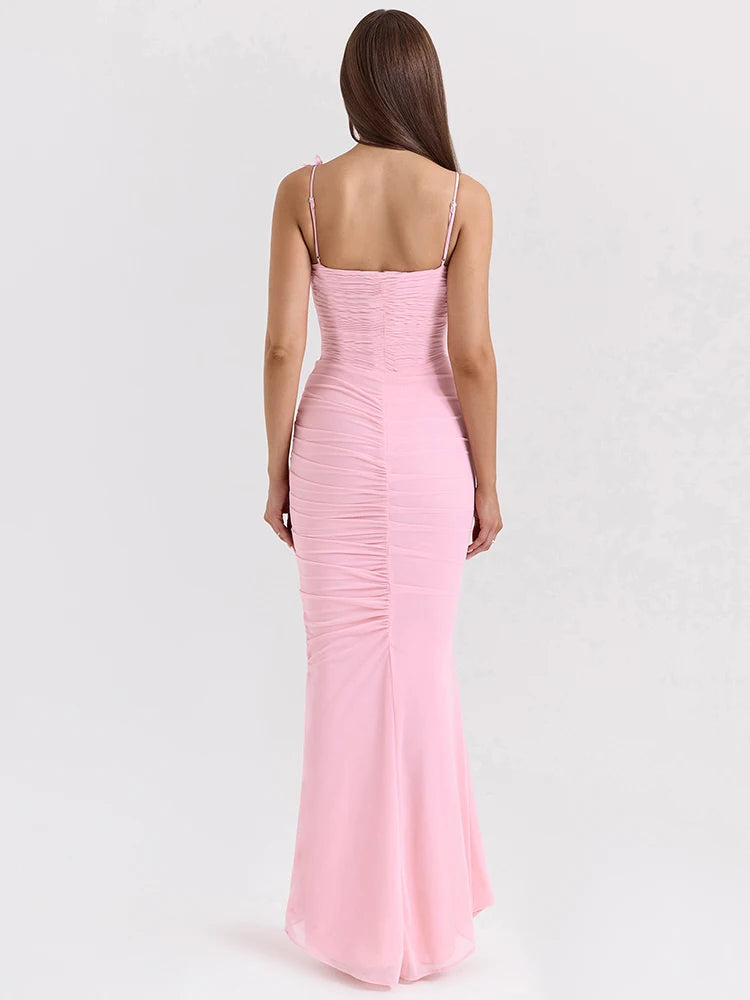 Lunivop Sexy Backless Butterfly Ruched Women Maxi Dress Pink Spaghetti Strap Evening Dress Summer Skinny Vacation Party Clubwear