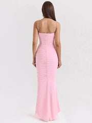 Lunivop Sexy Backless Butterfly Ruched Women Maxi Dress Pink Spaghetti Strap Evening Dress Summer Skinny Vacation Party Clubwear