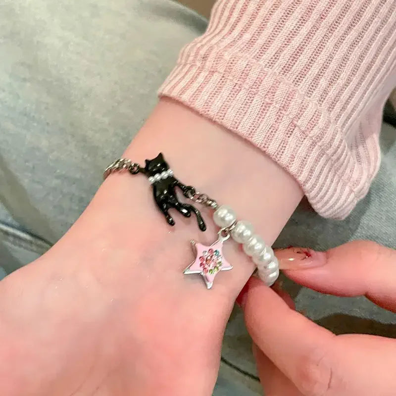 Lunivop Black Cat Pink Star Pendant Pearl Bracelets Women Y2k Cute Sweet Cool Ins Style Tide Sense Senior Girlfriends Bracelet Jewelry