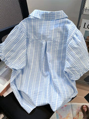 Lunivop  Ruffles Sweet Plaid Shirt Women Loose Puffy Sleeve Cute Blouse Korean Vintage Casual Summer Elegant Female Retro Design Top