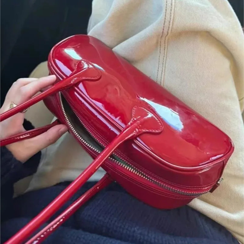 Lunivop Red Underarm Bag Purse Women High Street Hot Girls Patent Leather Casual Handbag Female Vintage Bowling Bag Aesthetic