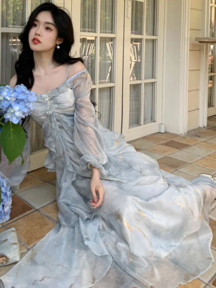 Lunivop  Summer Elegant Print Fairy Long Dresses for Women French Off Shoulder Ruffles A-Line Birthday Party Dress One Piece Vestidos New