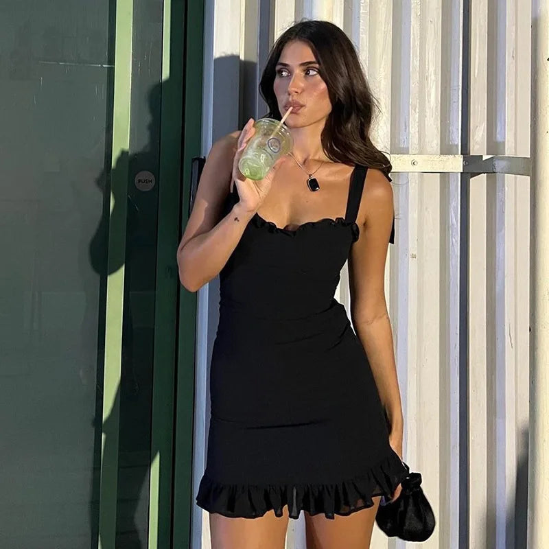 Lunivop Elegant Evening Strap Mesh Ruffles Short Women'S Dresses Fashion Y2K Streetwear Korean Casual Clothing Wholesale