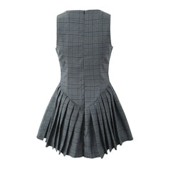 Lunivop  Sexy O neck Gray Plaid Print Sleeveless Mini Dress Low Waist Spliced Folded Pleated Swing Women Tank Dresses Short Robe