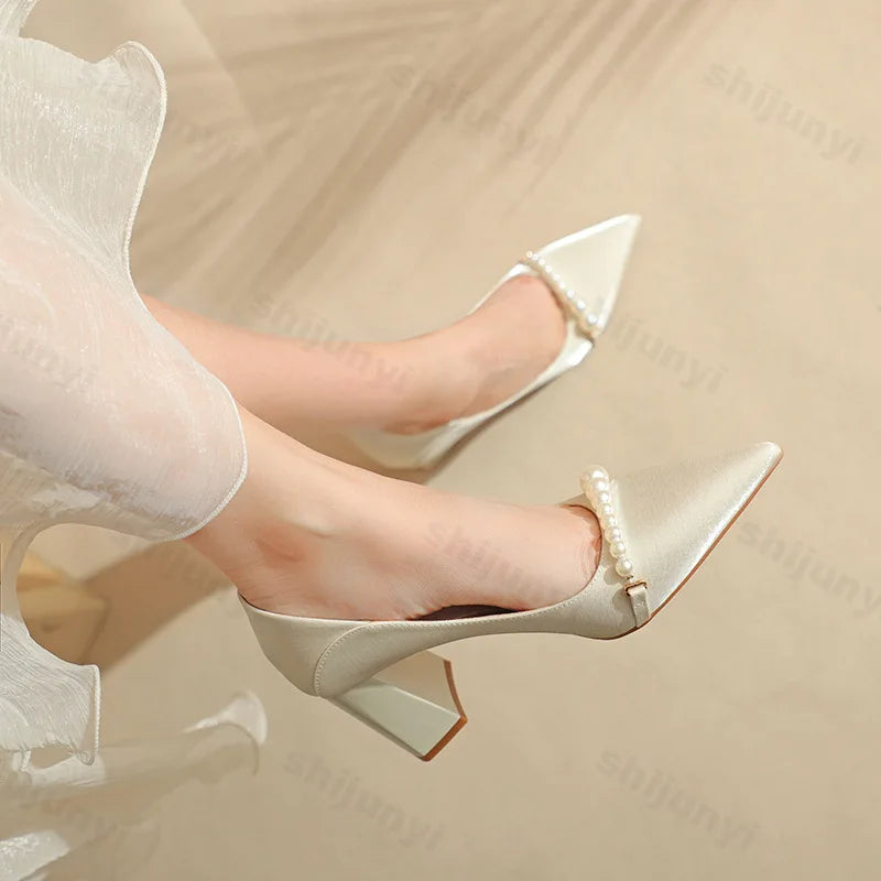 Lunivop Fashion Pointed Pearl High Heels Shoes Women White Wedding Shoes Thick High Heels Party Pumps Woman Footwear Zapatos De Mujer