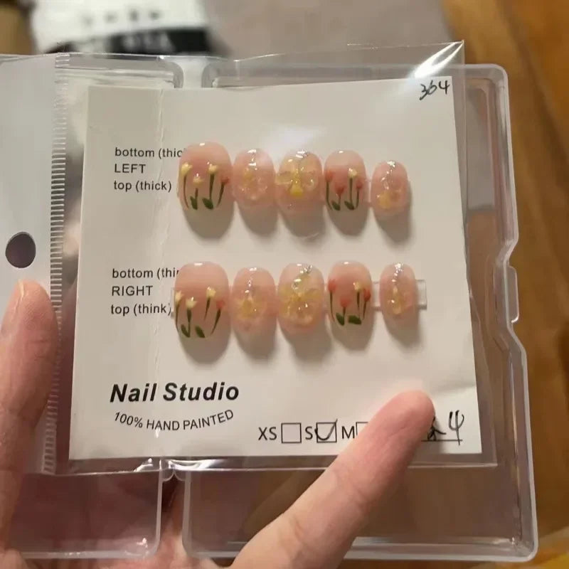 Lunivop  10pcs Handmade Short Nude 3d Tulip Flower Decorated False Nails Set Ready-made Artificial Nail Art Press on Acyrlic Nails