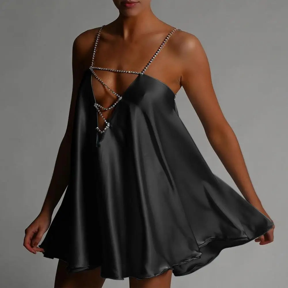 Lunivop  Fashion Womens Casual Chain Suspender Short Dress Fashion Solid Color Hollow V-Neck A-Line Dress Party Club Street Style S-XL