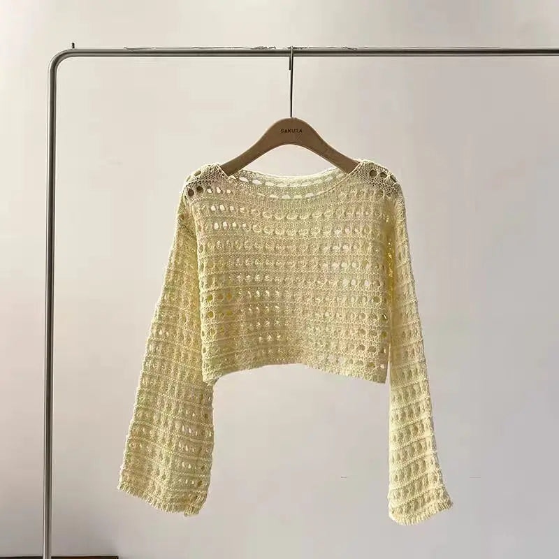Lunivop Long Sleeve Crochet Knit Top Summer Beach Bikini Cover Up Crop Pullover Wool Knitwear Blouse Women Vacation Boho Outfit
