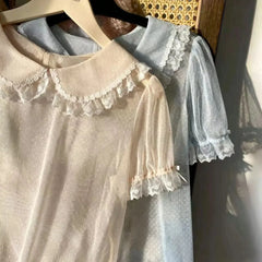 Lunivop  Mesh Peter Pan Collar Puff Sleeve Dot Shirt Preppy Style Short Student Slim Blusas Age Reduction French Exquisite Tops