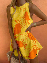 Lunivop  Sleeveless Yellow Crab Print Dress For Women Casual A-Line Mini Dress Spring Autumn