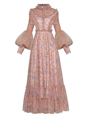Lunivop Stand Collar Lantern Long Sleeve Mesh Floral Print Waist Cinching 2025 Spring New Big Swing Evening Wedding Dress