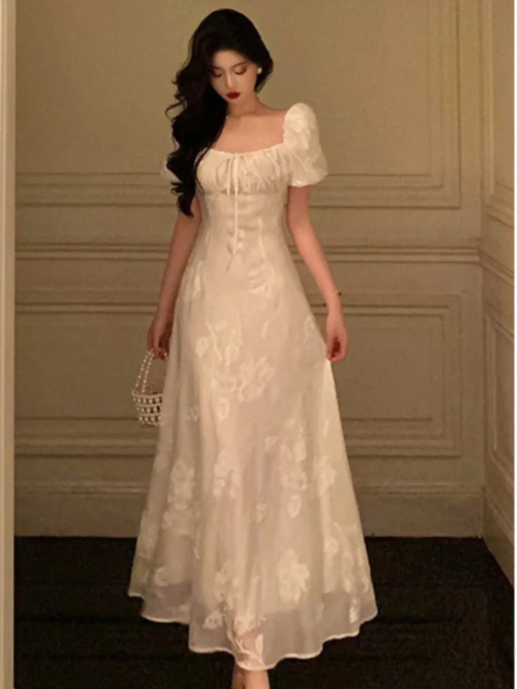 Lunivop  Puff Sleeve Evening Party Dress for Women Summer New Elegant Chinese Style Square Collar Lace-up A-line Long Vestidos Mujer