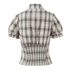 Lunivop  2 Pieces 1 Set Summer Gingham Plaid Short Puff Sleeve Shirt Tank Top + Elastic Waist Tier Cascade Wood ears Ruffles Mini Skirt