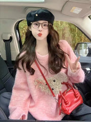Lunivop Cute Cartoon Pink Sweater Women Sweet Long Sleeve Knitted Kawaii Jumper Vintage Japan O Neck Lady Casual Lazy Wind Tops New