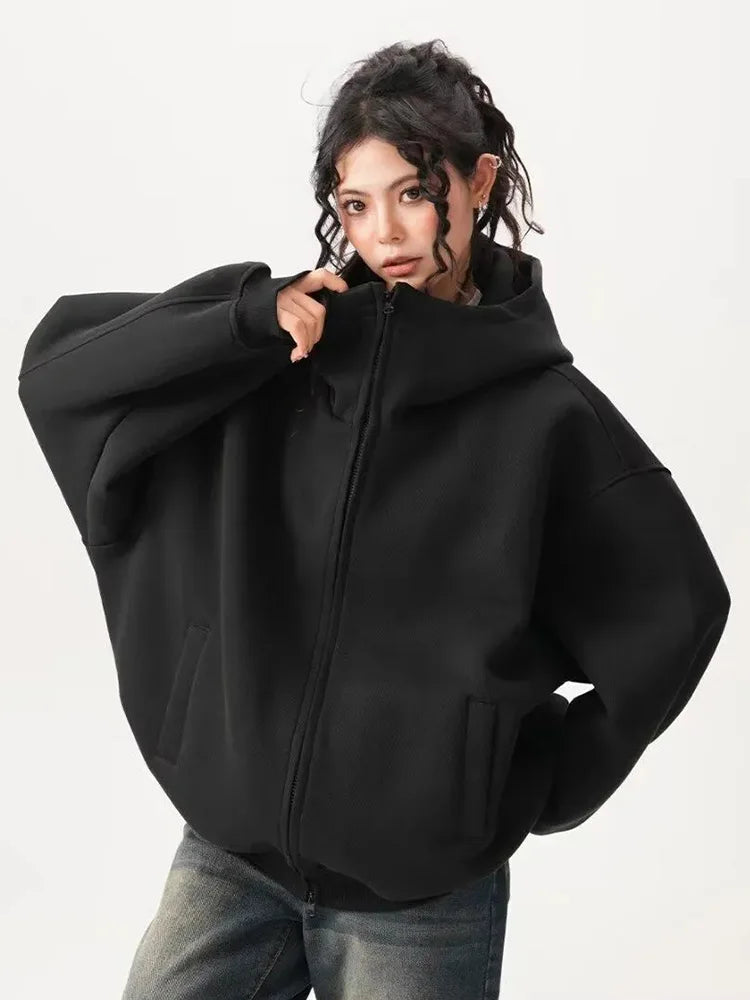 Lunivop Y2K Black Hoodies Women Streetwear Oversize Loose Long Sleeve Retro Sweatshirt American Harajuku Vintage Bf Tops Coats New
