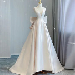 Lunivop  Vintage Satin Wedding Party Dress Sleeveless French Simple Fairy Slim Waist Prom Robe V-neck Back Bow Design Evening formal dress