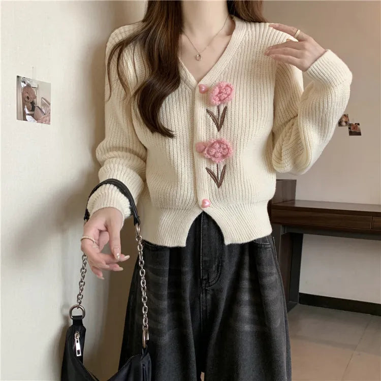 Lunivop Flower Applique Knit Cardigan Autumn Winter Women Cardigan Sweater Coats Long Sleeve Crop Knitted Jackets Cute Outfit