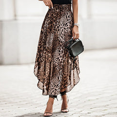 Lunivop  Leopard Skirt for Women Pleated Slit Cut High Waist Long Skirt French Fashion Loose Elegant Elastic Waist Mid-Calf Skirts