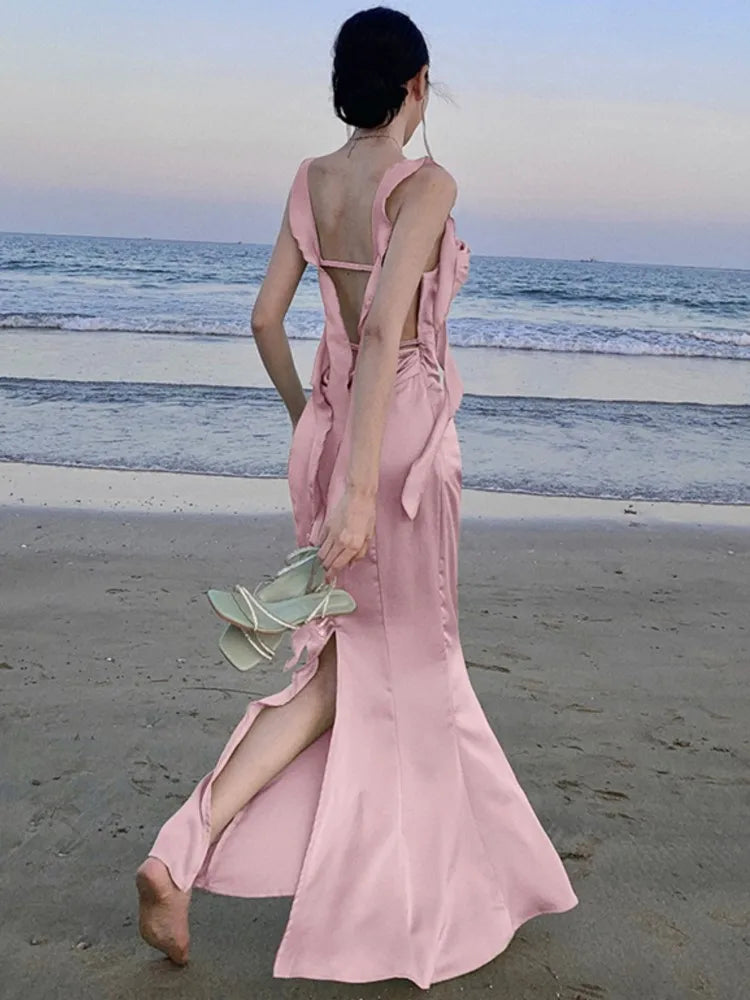 Lunivop  Sweet Pink Backless Womens Dresses Sexy Spaghetti Strap Sleeveless Wedding Evening Dress Elegant Gown Female Split Vestidos New