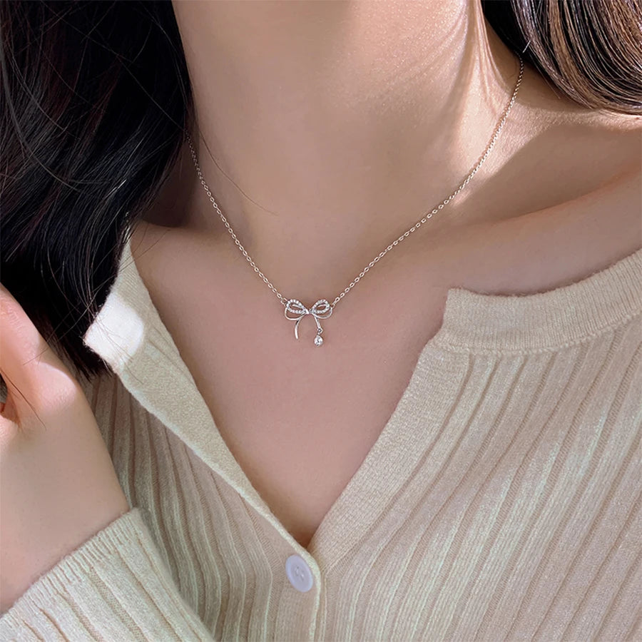 Lunivop Korean Trendy Simple Bling Zircon Silver Bow Pendant Necklace for Women Glossy Stainless Steel Chain Sweet Elegant Party Jewelry