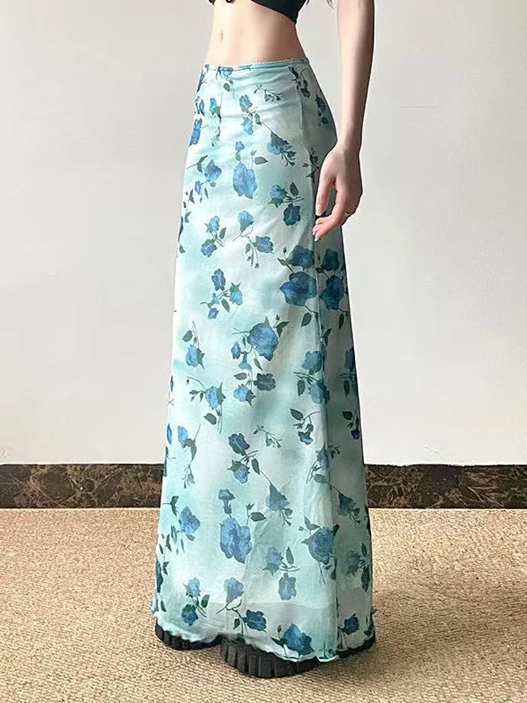 Lunivop  Vintage Mesh Floral Long Skirt Women Elegant Low Waist Slim Sexy Skirts Retro American Streetwear Casual Elastic Long Skirt
