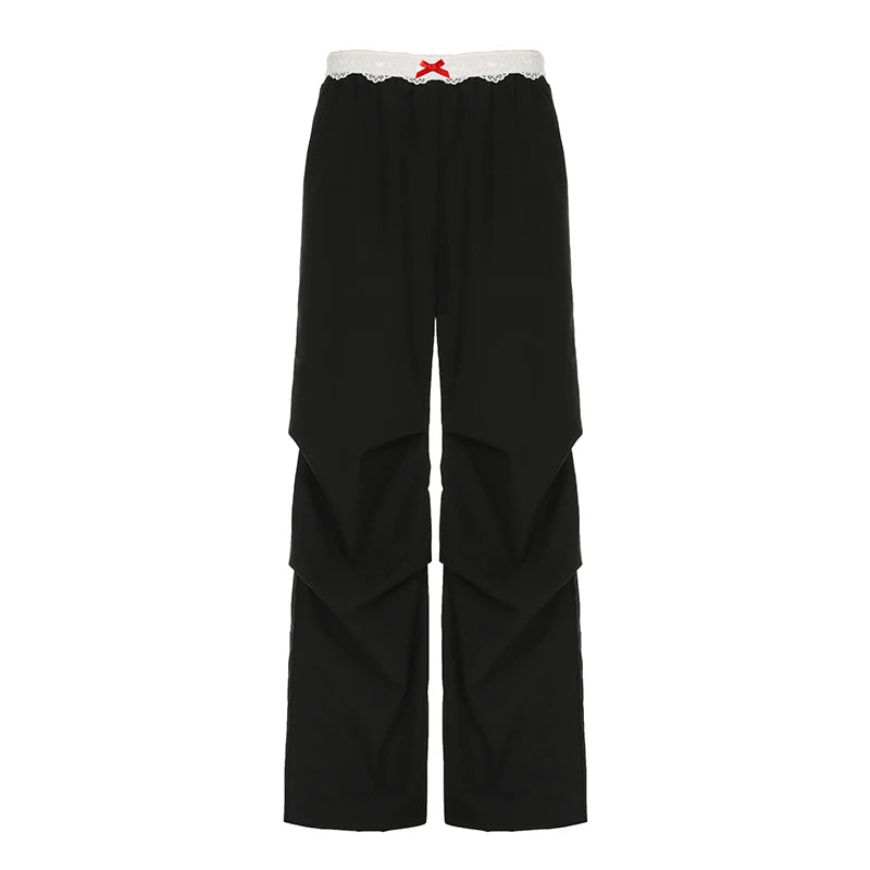 Lunivop  Contrast Lace Stitching Wide Leg Pants Streetwear y2k Low Rise Loose Black Trousers for Women Korean Fashion Baggy Capris