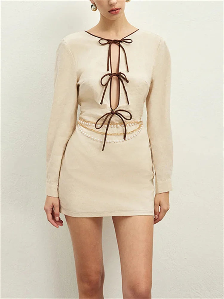 Lunivop  Knit Hollow Out Lace-Up Mini Dress Women Patchwork High Waist Hollow Out Slim Backless Dress Ladies Knitwear Mini Dress