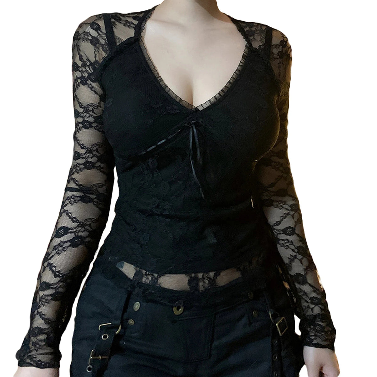 Lunivop  Women's Gothic Solid Color Lace Tops Long Sleeve Sexy V Neck Tie-up Front Slim Fit T-Shirts Blouses Club Streetwear