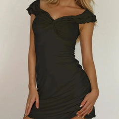 Lunivop  Sexy Ruched Bow Chest Off Shoulder Mini Dress Women Short Sleeve Package Hips Mini Robe Party Apricot Black