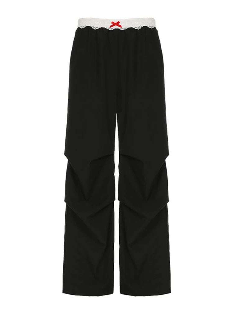Lunivop Vintage Lace Patchwork Pants Women Y2k Streetwear Low Rise Wide Leg Trousers Korean Fashion Casual Black Baggy Pants