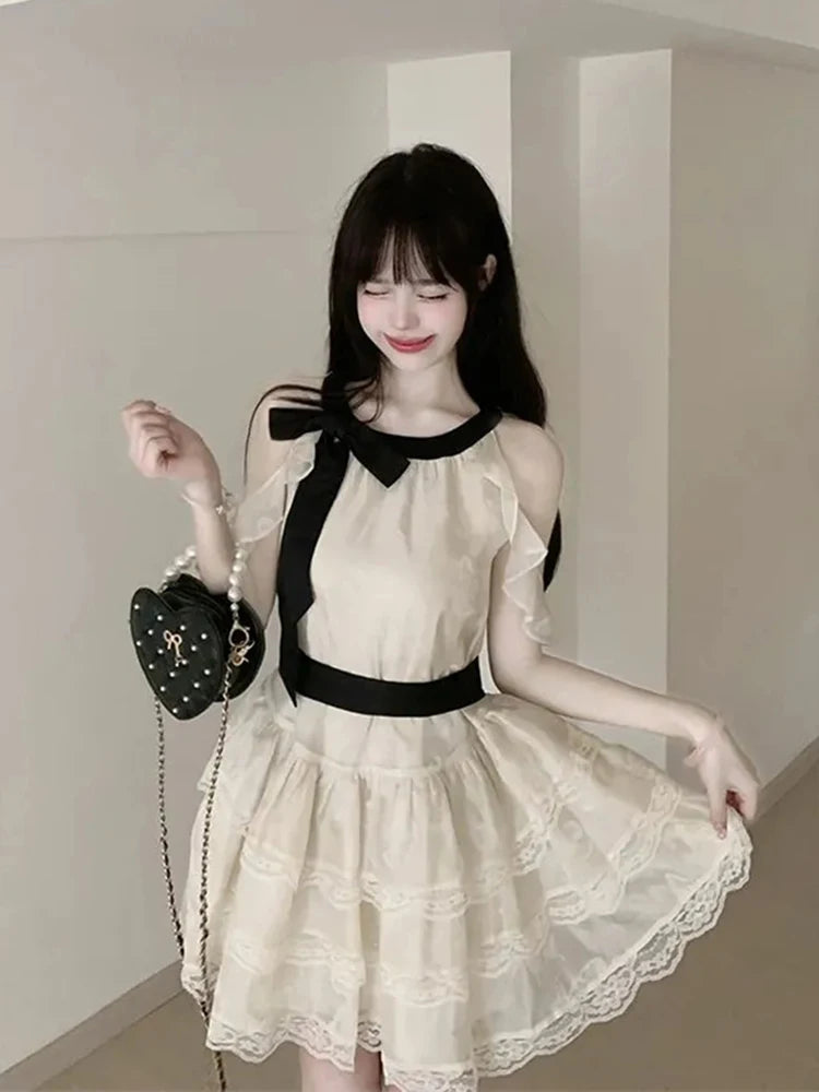 Lunivop Off Shoulder Bow Sweet Dress Women Vintage O Neck Casual Elegant Mini Dress Lace Patchwork Retro Slim Lady Summer Vestidos