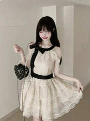 Lunivop Off Shoulder Bow Sweet Dress Women Vintage O Neck Casual Elegant Mini Dress Lace Patchwork Retro Slim Lady Summer Vestidos