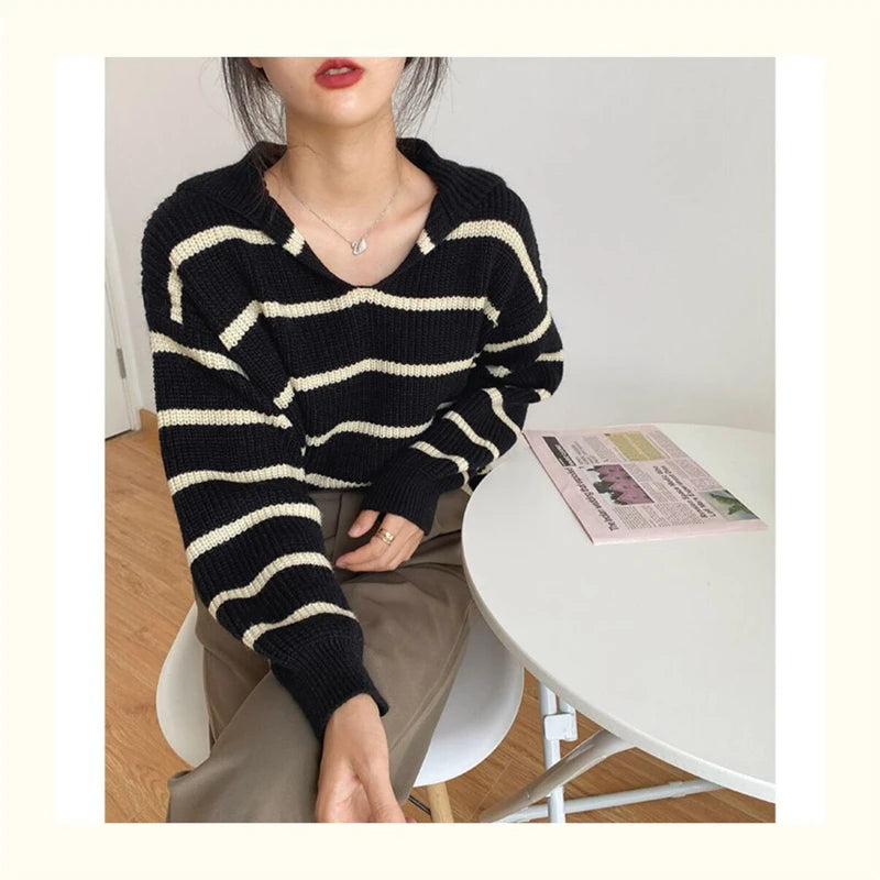 Lunivop Striped Sailor Collar Knit Sweater for Women Pullovers Cozy Jumper Fall Winter Teen-girl Preppy Outfit