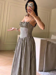 Lunivop  Chic Stripe Sleeveless Women Sling Dress Elegant Square Collar Waist-cinching Slim Fit Vestidos Lady Commute Street Wears