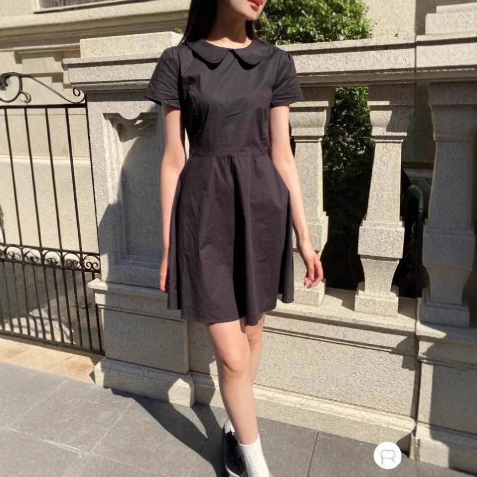 Lunivop  Sweet White Summer Women Dress Cotton Blend Lapel Puff Sleeve Academic Style Short Dress Chic Waist Tied A-line Tutu Dress New