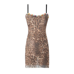 Lunivop  Sexy Leopard Print Mesh Sling Dress Women Spliced Flower Lace Skinny Slim Package Hips Backless Mini Robe Femme Vestidos