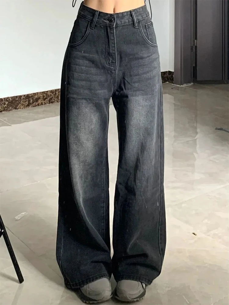 Lunivop Korean Vintage High Waist Women's Jeans Y2K Slimming Pear-Shaped Loose Straight Bell Bottoms Black Gray Baggy Denim Trousers