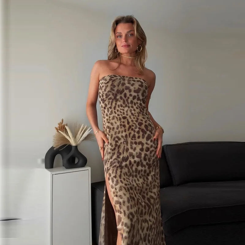 Lunivop Vintage Leopard Print Sexy Strapless Long Dress Outfits For Women High Slipt Sexy Backless Summer Vacation Dresses
