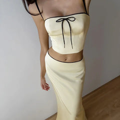 Lunivop Satin Sleeveless Bow Short Camis Crop Top Long Skirt Women'S Sets Summer Y2K Streetwear Elegant Evening Casual Clothes