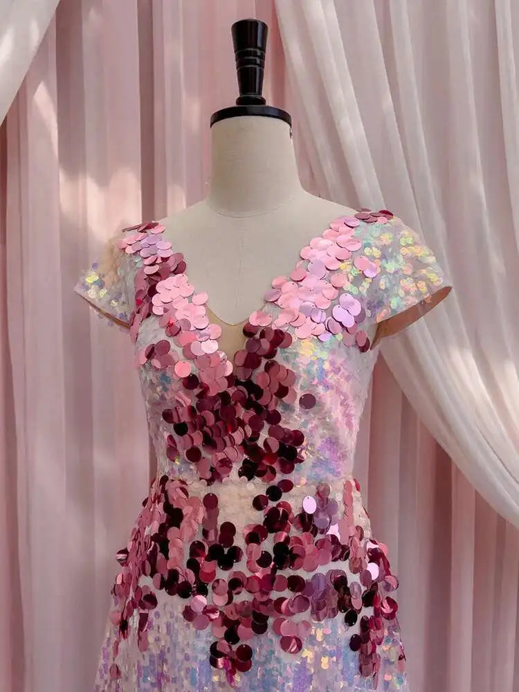 Lunivop Color Block Mesh Sequin Design Long Dresses For Women V Neck Short Sleeve Elegant Dress Female Summer 2025 New
